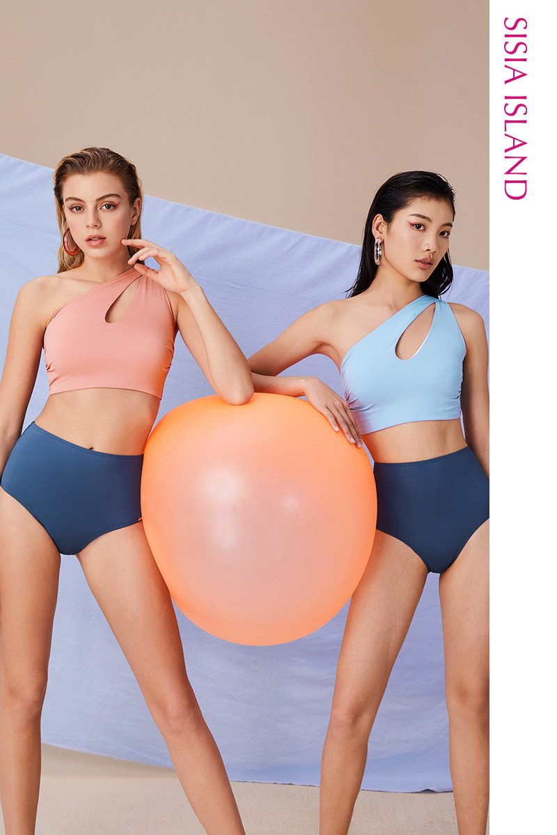 SISIA晨雾微霞斜肩三角分体比基尼泳衣