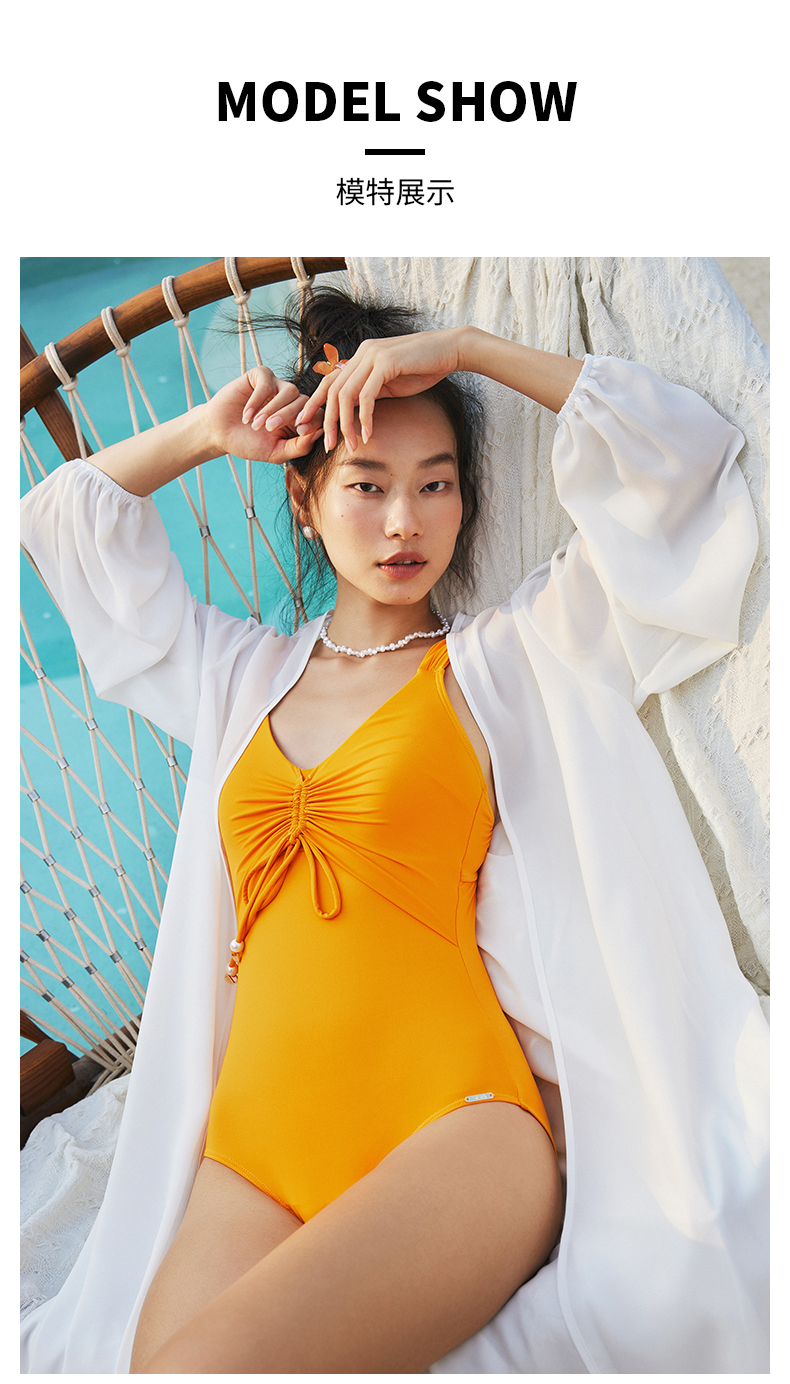 SISIA复古假期系列橙黄绑带连体泳衣