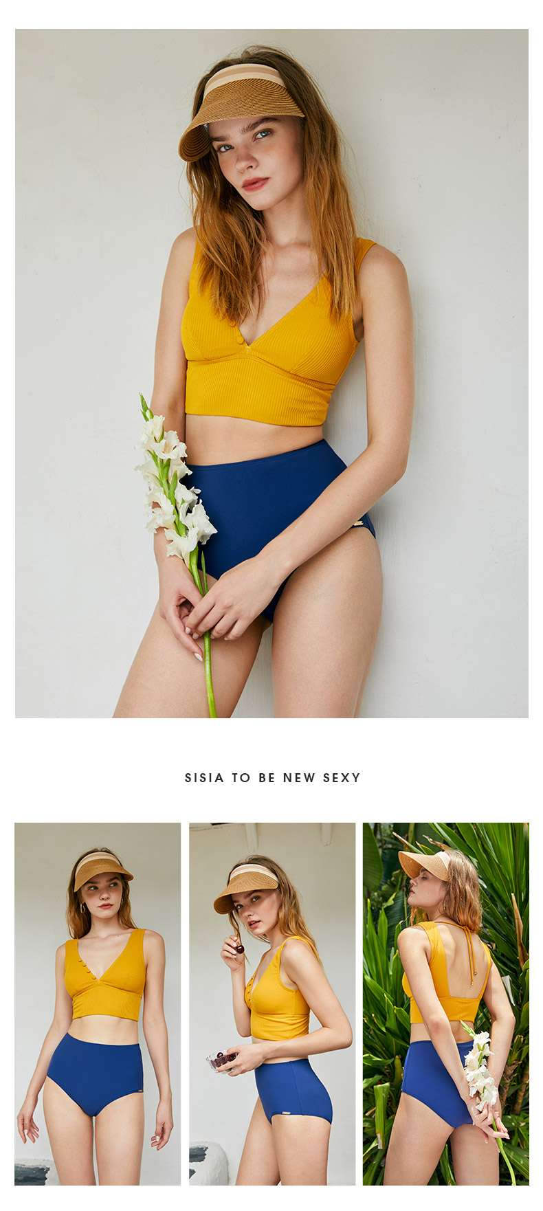 SISIA色彩碰撞系列黄蓝撞色分体泳衣