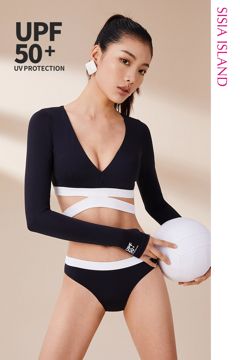SISIA冲浪时光三角长袖分体泳衣黑色