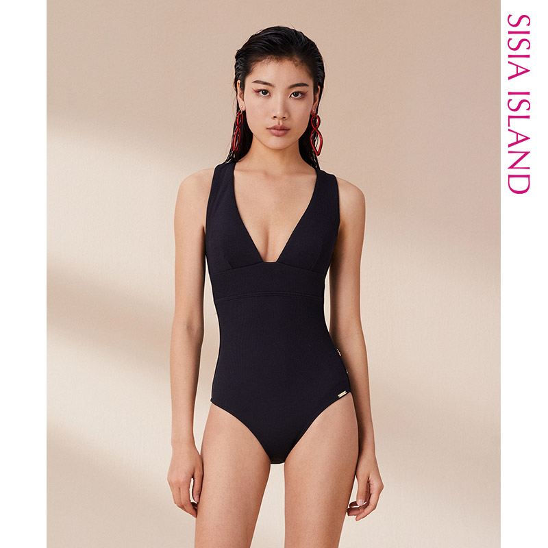 SISIA罗纹晴空深V黑色连体泳衣