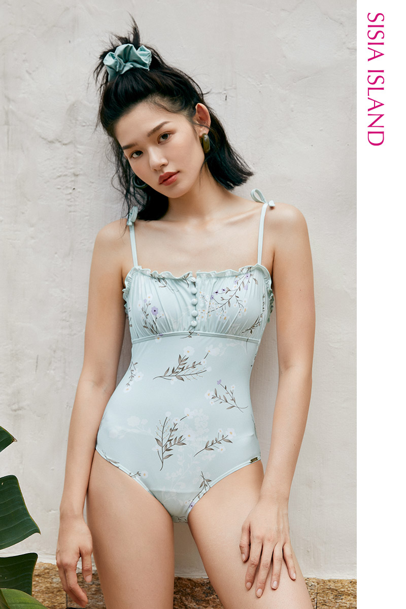 SISIA清新花园系列一字领印花连体泳衣