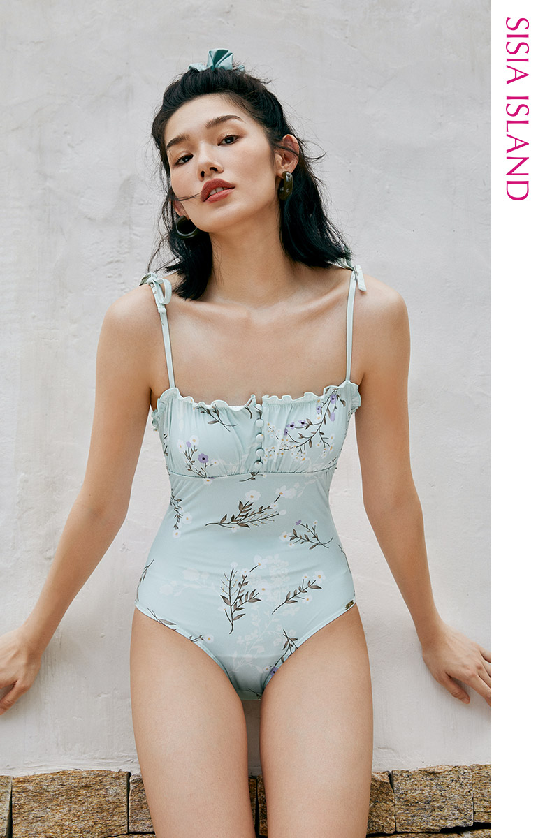 SISIA清新花园系列一字领印花连体泳衣