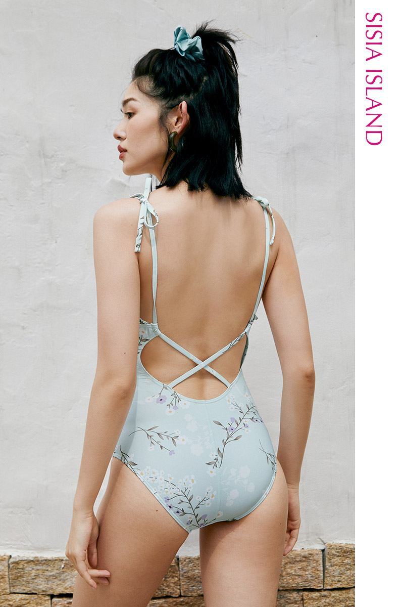 SISIA清新花园系列一字领印花连体泳衣