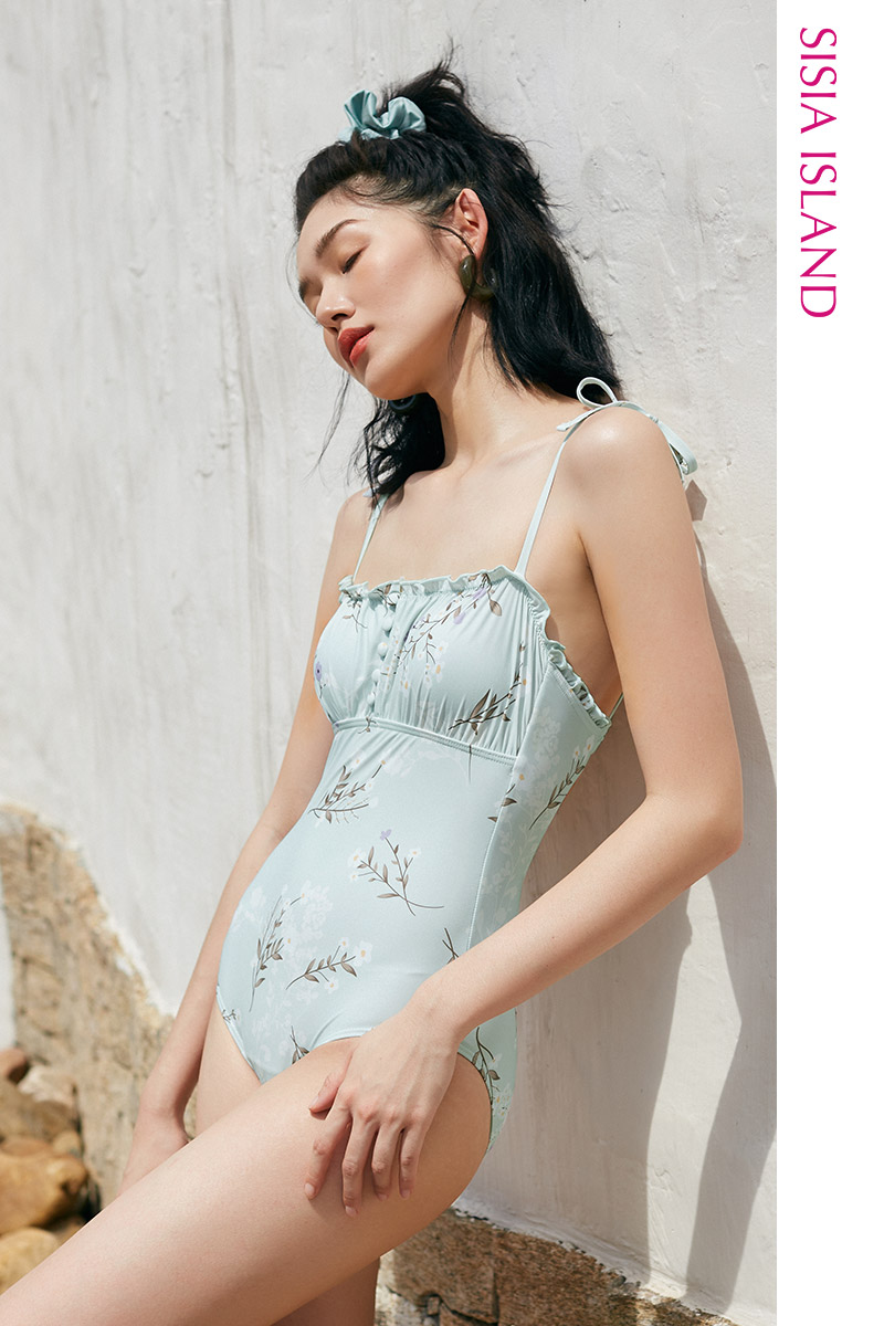 SISIA清新花园系列一字领印花连体泳衣