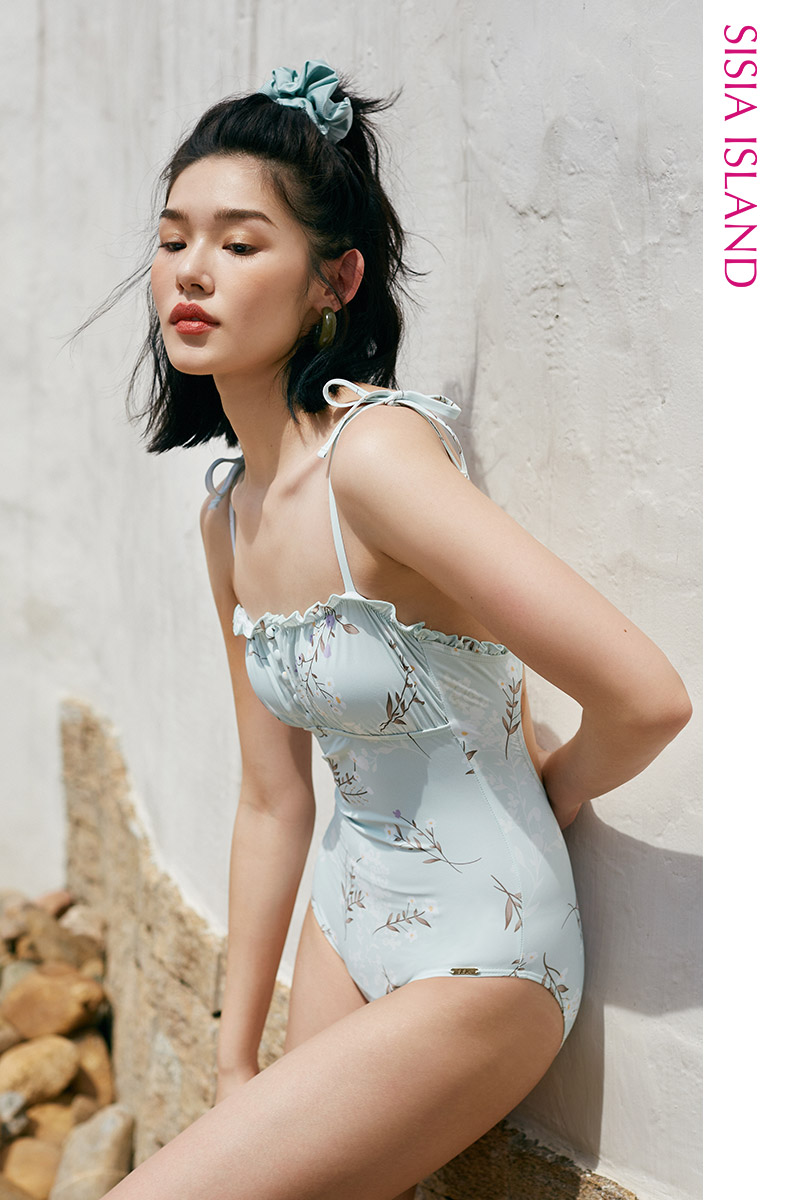 SISIA清新花园系列一字领印花连体泳衣