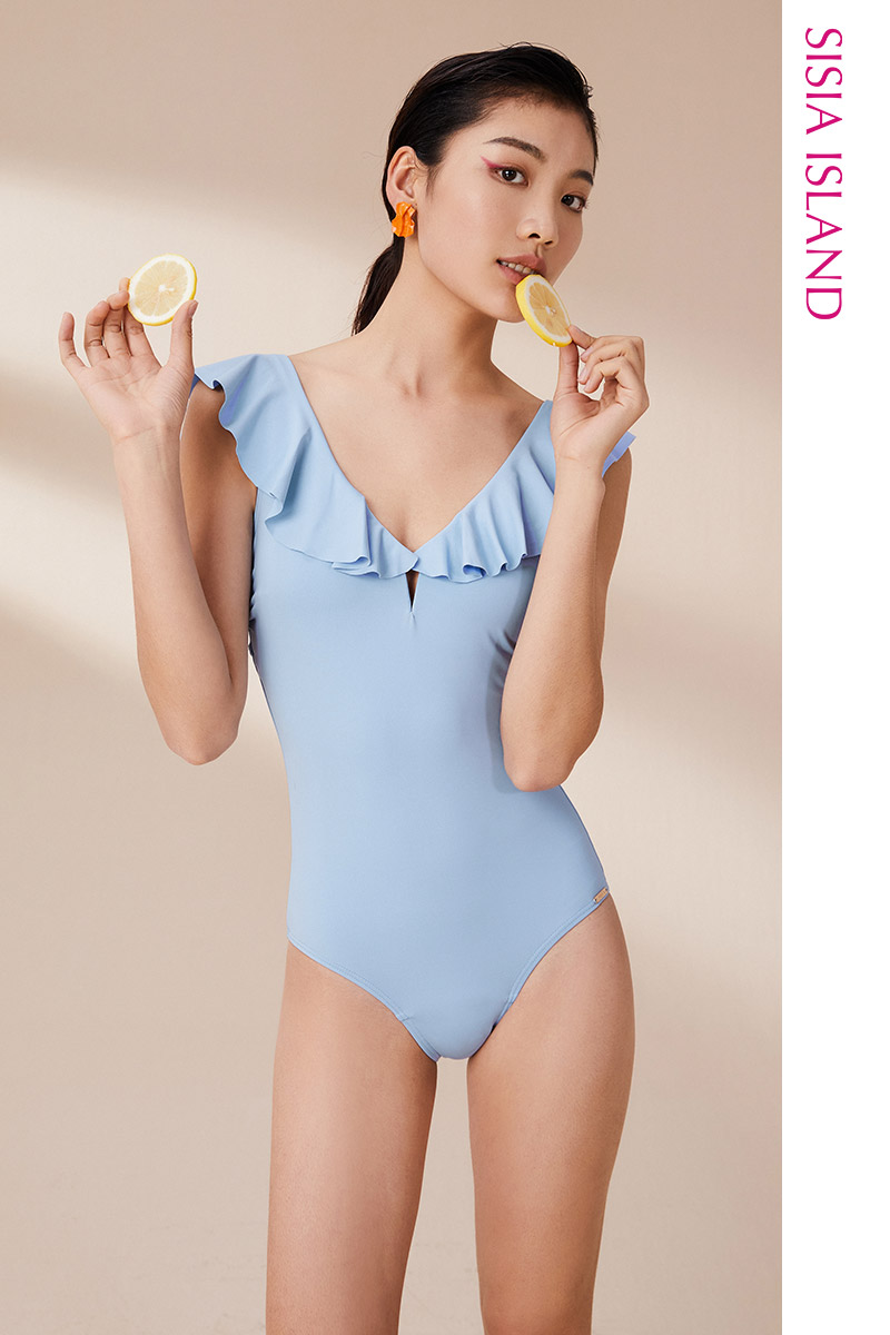SISIA优雅缪斯系列雾霾蓝荷叶边连体泳衣