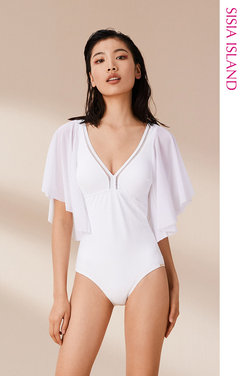 SISIA优雅缪斯系列纯白荷叶网袖连体泳衣