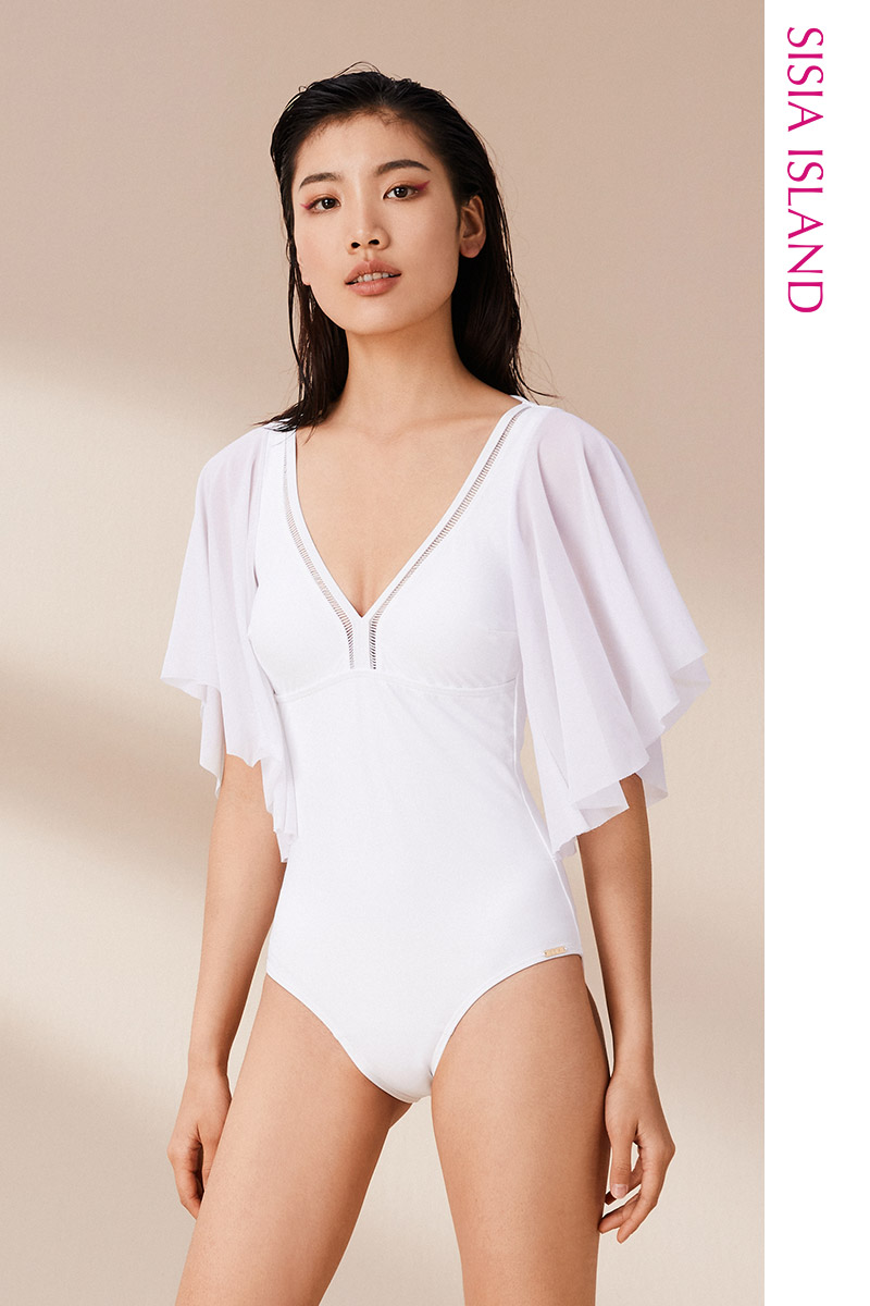 SISIA优雅缪斯系列纯白荷叶网袖连体泳衣