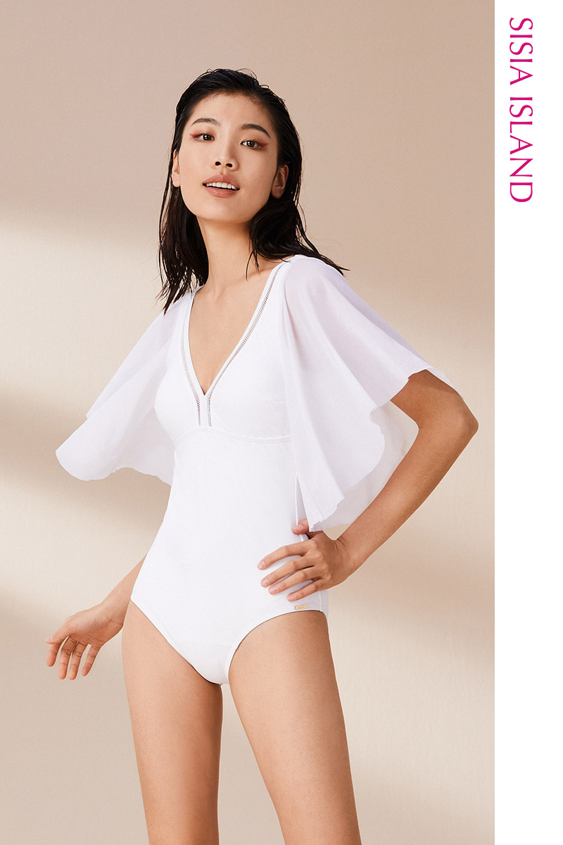 SISIA优雅缪斯系列纯白荷叶网袖连体泳衣