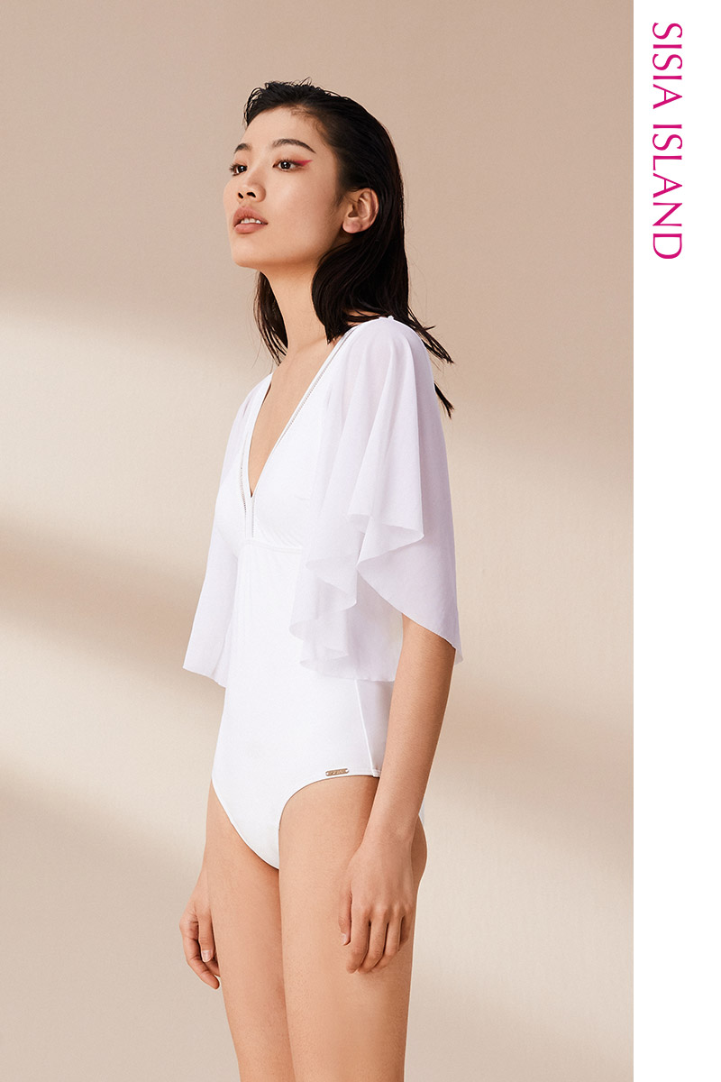 SISIA优雅缪斯系列纯白荷叶网袖连体泳衣