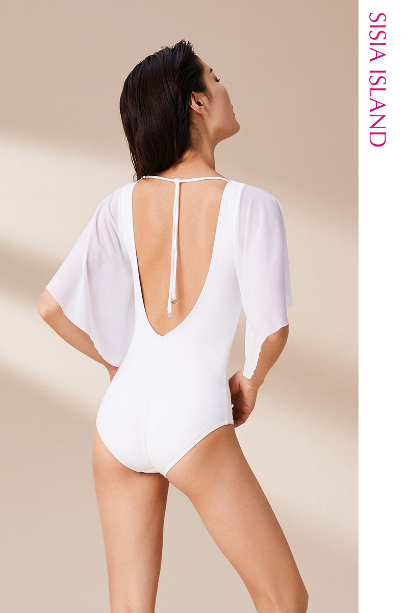 SISIA优雅缪斯系列纯白荷叶网袖连体泳衣