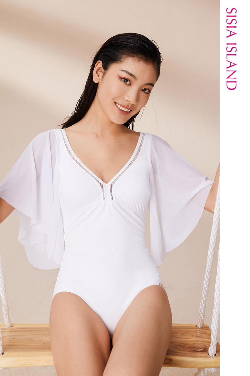 SISIA优雅缪斯系列纯白荷叶网袖连体泳衣