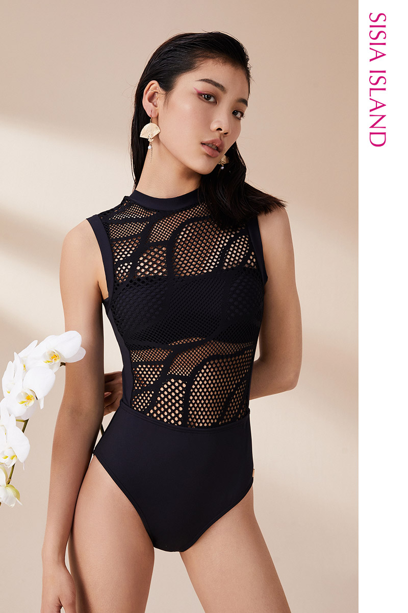 SISIA魅力东方镂空黑色连体泳衣