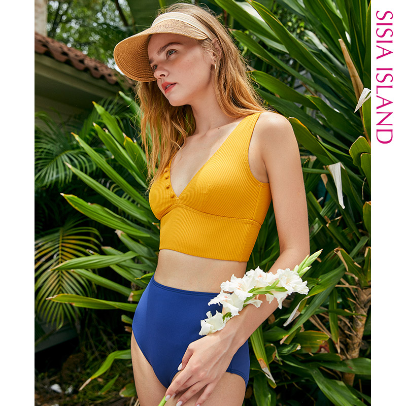 SISIA色彩碰撞系列黄蓝撞色分体泳衣