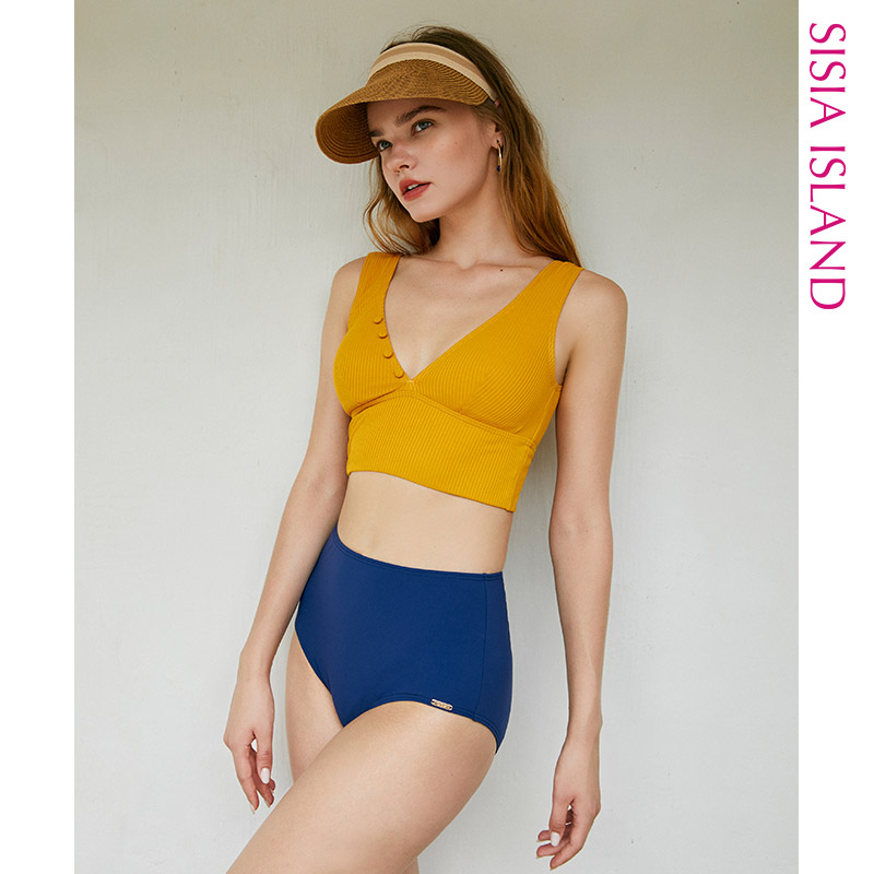 SISIA色彩碰撞系列黄蓝撞色分体泳衣