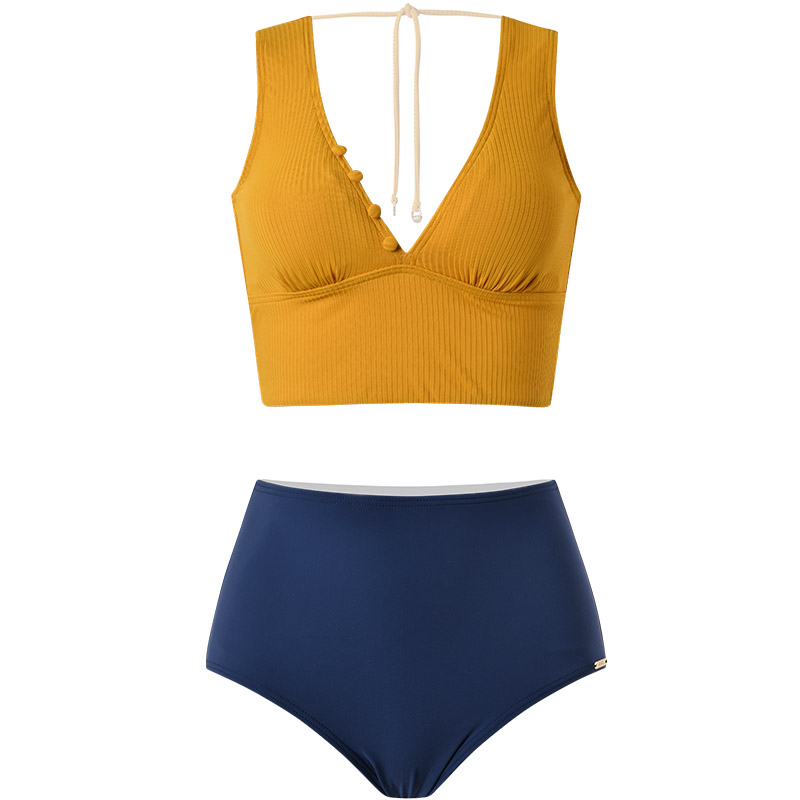 SISIA色彩碰撞系列黄蓝撞色分体泳衣
